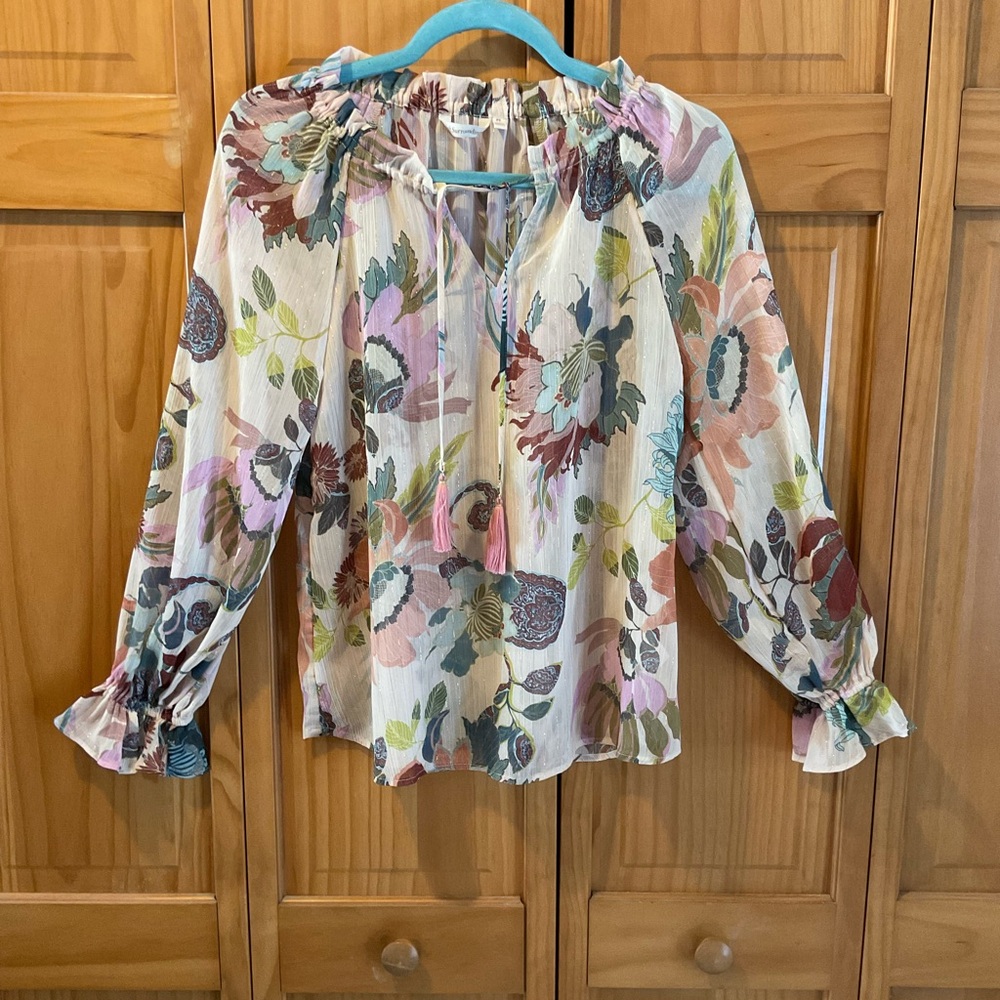 Soft Surroundings Cream Floral Tie-Neck Peasant Blouse